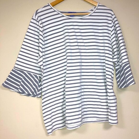 Laura Scott Tops - Striped Shirt Women’s 1X Bell Sleeve White Gray Blouse Top Business Professional